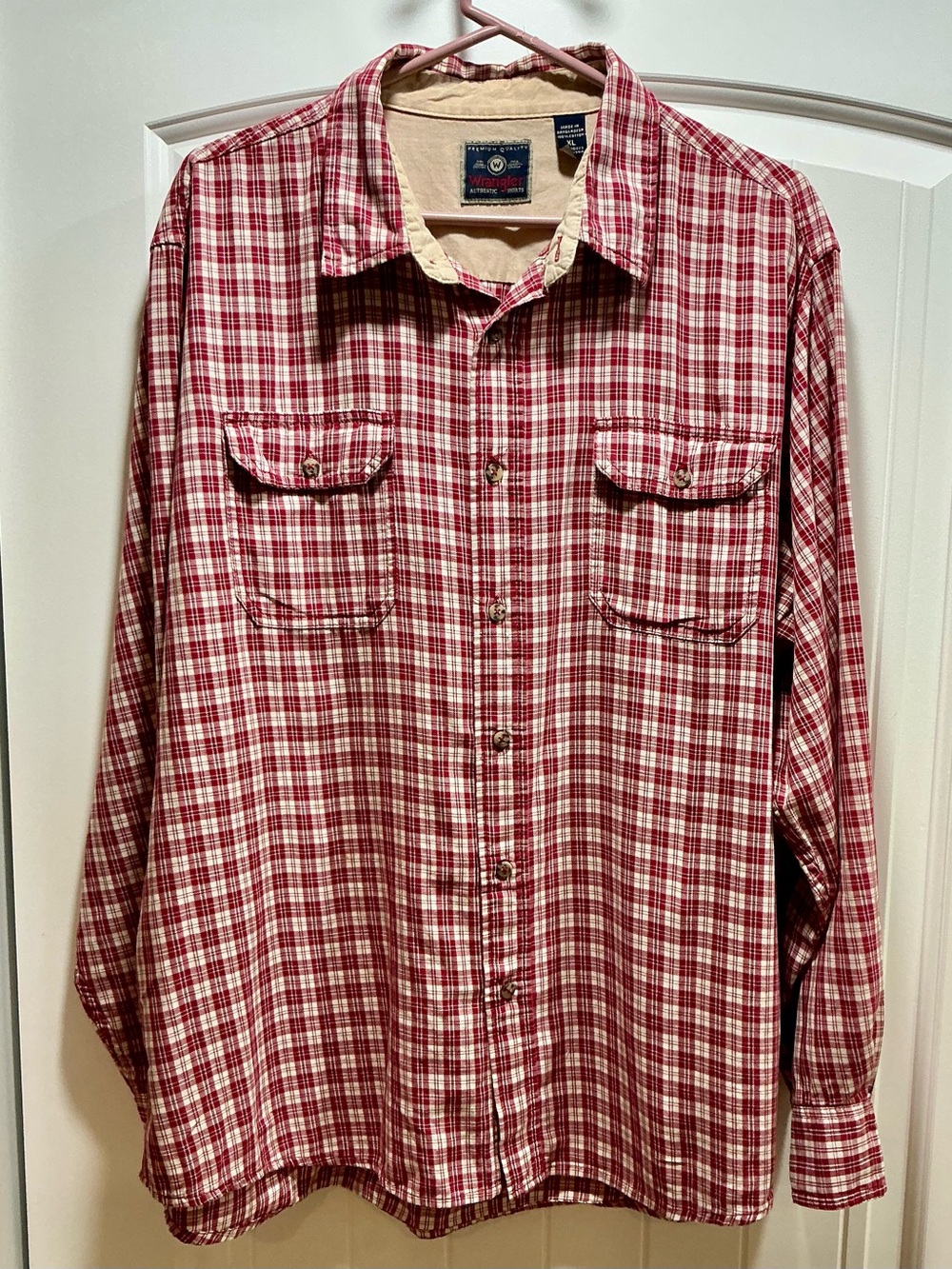 Wrangler Authentic Plaid Button Shirt Mens XL Red White Cotton Long Sleeve Work
